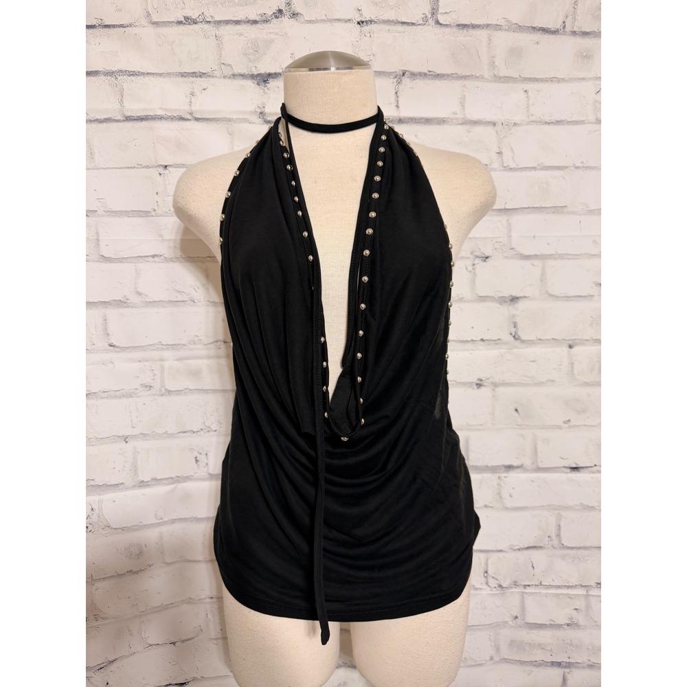 Princess Polly Black Studded Halter Top Open Back Cowl Neck Size 10